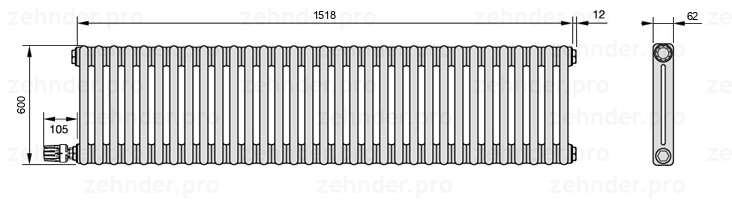 Схема (чертеж) Радиатор Zehnder Charleston 2060/33 №V003 Белый глянцевый RAL 9016